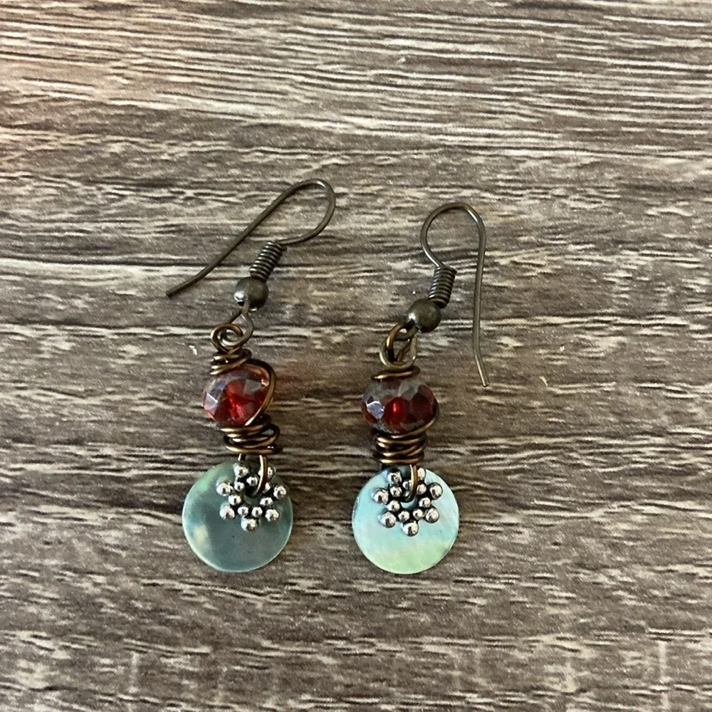 Handcrafted abalone shell dangle earrings beaded festival boho vacation jewelry